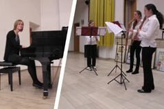 Schülerinnen der Kreismusikschule Güstrow bei der Präsentation: am Flügel Elisabeth Schmidt und das Blockflöten-Trio mit Rahel Fischer, Marie-Claire Gehrke und Josephine von Weber